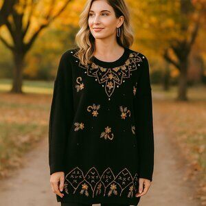 Victoria Woman 2X Black Bedazzled Art 2 Wear Long Sleeved Sequined Sweater Retro